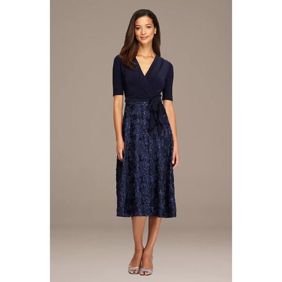 ALEX EVENINGS Tea-Length Soutache Dress 12 PETITE Navy Blue Tie Belt NWT - Picture 1 of 10